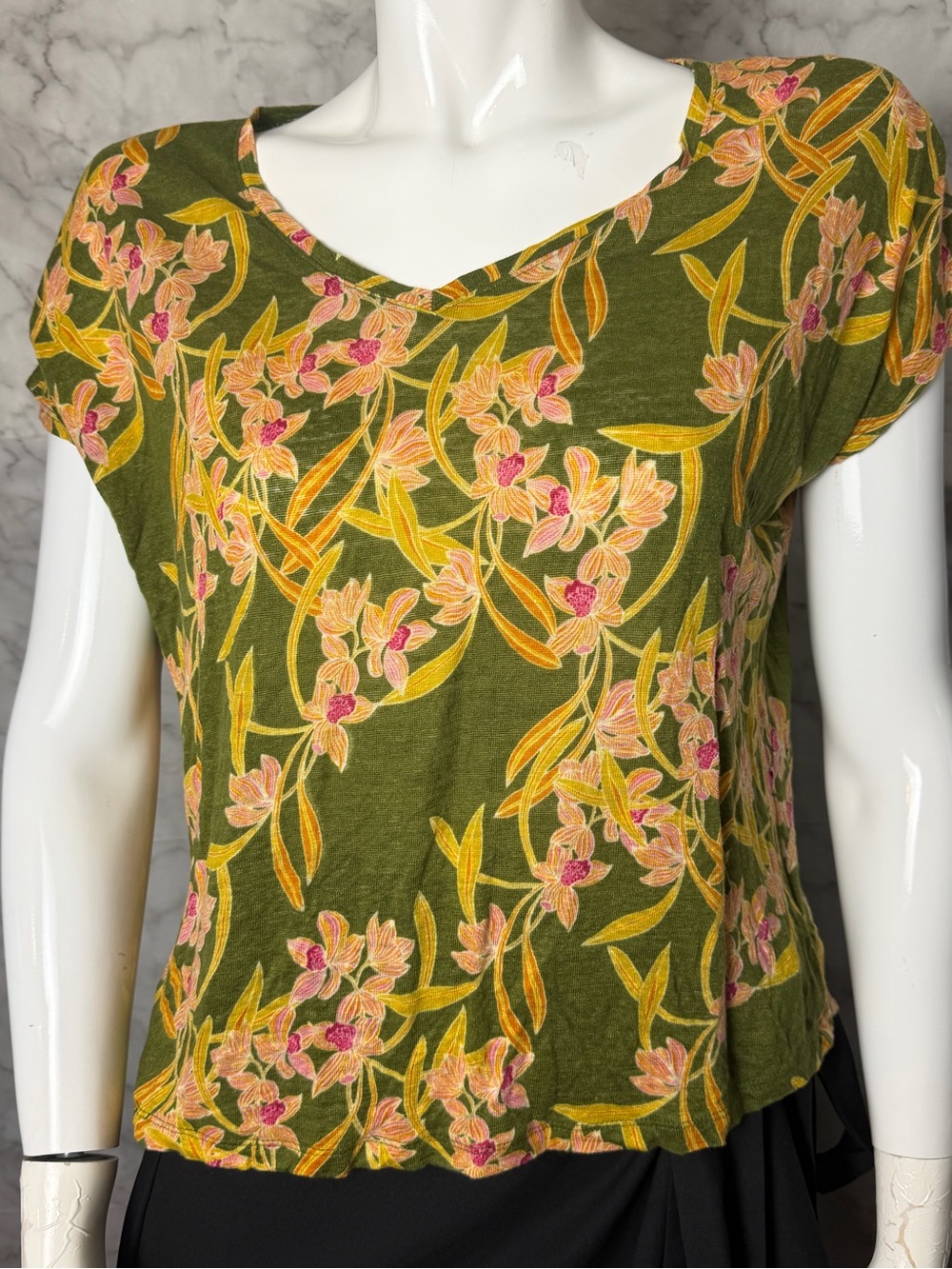 100% Linen Floral Botanical Short Sleeve Top Olive Mustard Magenta S Rachel Zoe